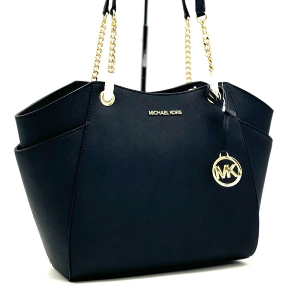 Michael Kors Jet Set Travel Large Chain Shoulder Tote Bag Black/Gold - Picture 1 of 12